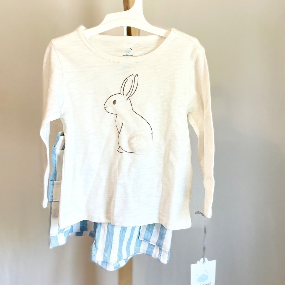 Cloud Island Toddler Bunny Pom Pom Top and Striped Cargo Shorts Set  Blue 18M
